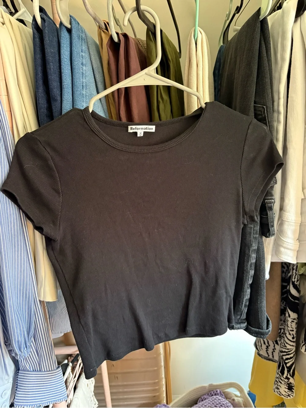 Reformation Black Ribbed Short-Sleeve Crop Top